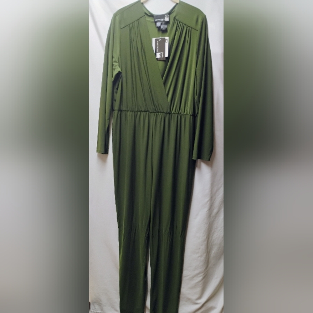 Anthony Originals Olive Green Long-Sleeve Faux-Wrap Jumpsuit
